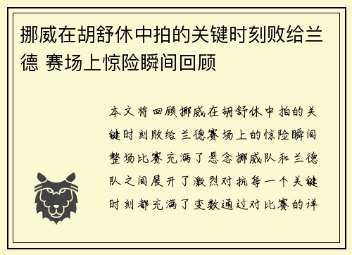 挪威在胡舒休中拍的关键时刻败给兰德 赛场上惊险瞬间回顾