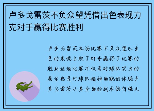 卢多戈雷茨不负众望凭借出色表现力克对手赢得比赛胜利