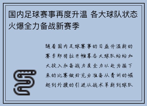 国内足球赛事再度升温 各大球队状态火爆全力备战新赛季