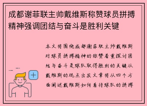 成都谢菲联主帅戴维斯称赞球员拼搏精神强调团结与奋斗是胜利关键