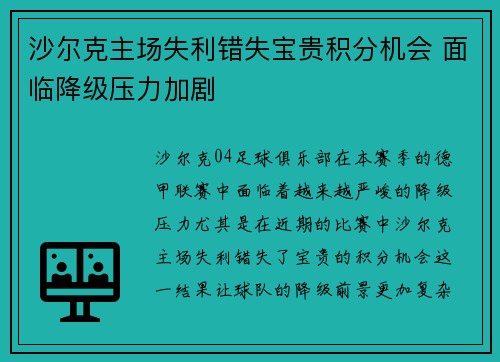 沙尔克主场失利错失宝贵积分机会 面临降级压力加剧