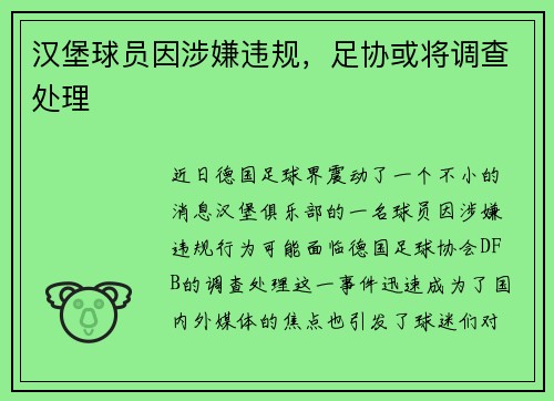 汉堡球员因涉嫌违规，足协或将调查处理