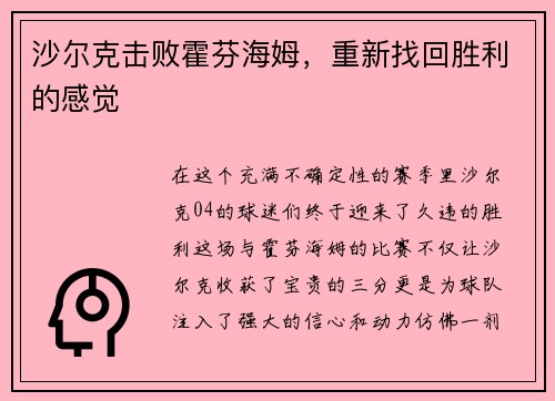 沙尔克击败霍芬海姆，重新找回胜利的感觉